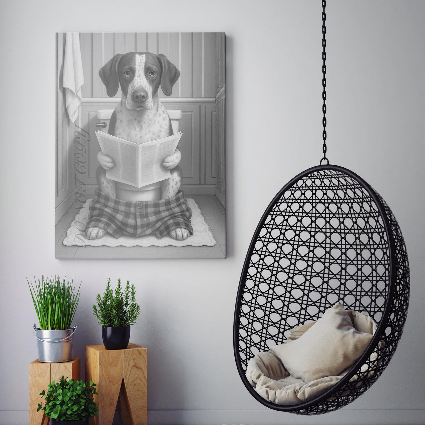 German Shorthaired Pointer Dog Reading The Newspaper On The Toilet