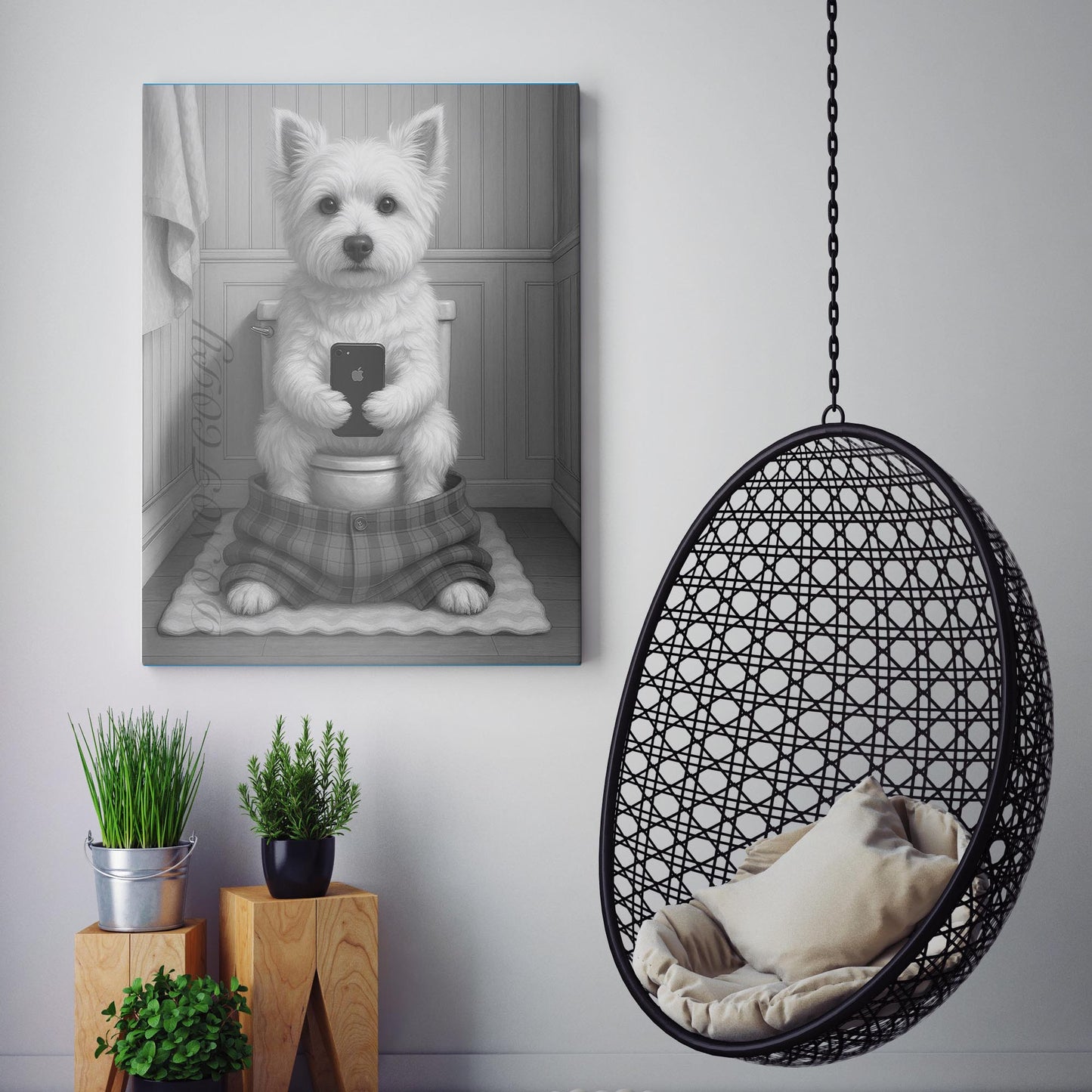 West Highland White Terrier Dog On The Phone On The Toilet