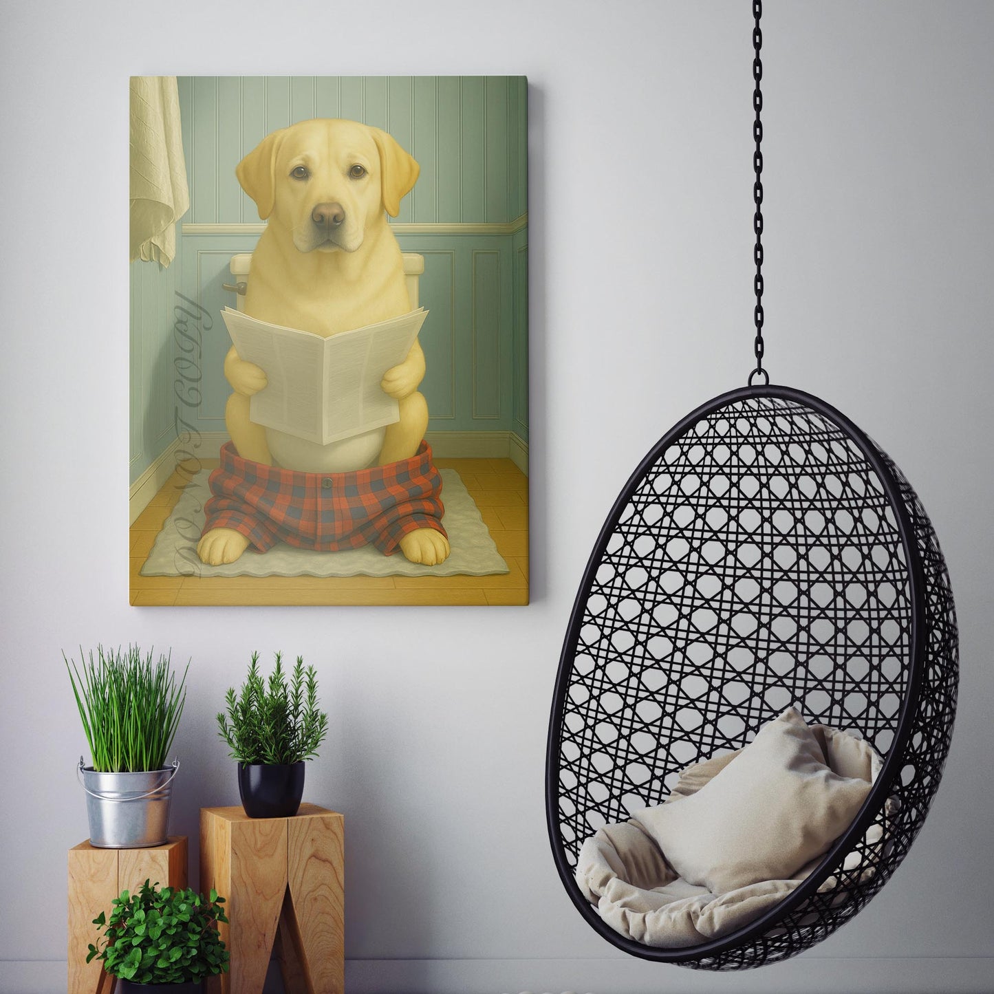 Yellow Labrador Retriever Dog Reading The Newspaper On The Toilet
