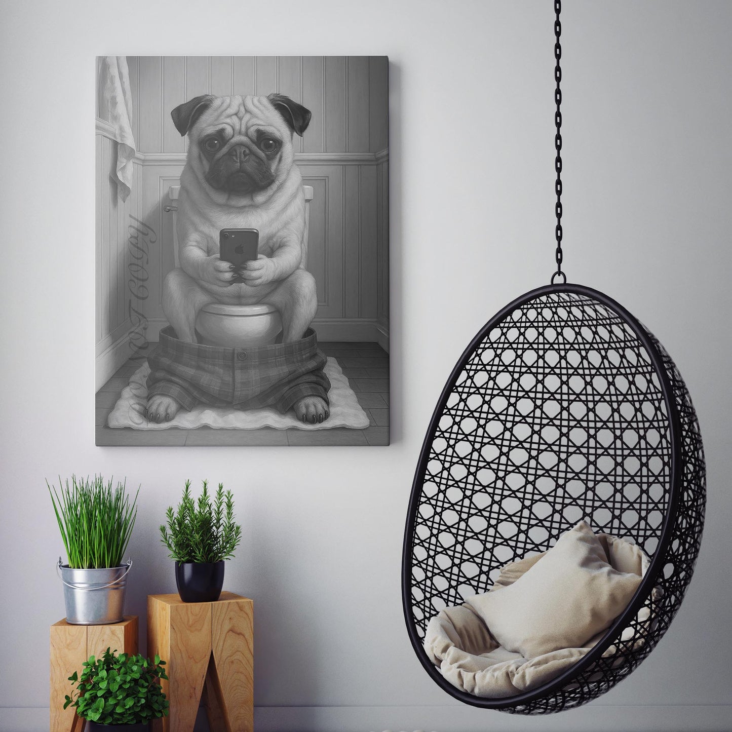 Pug Dog On The Phone On The Toilet