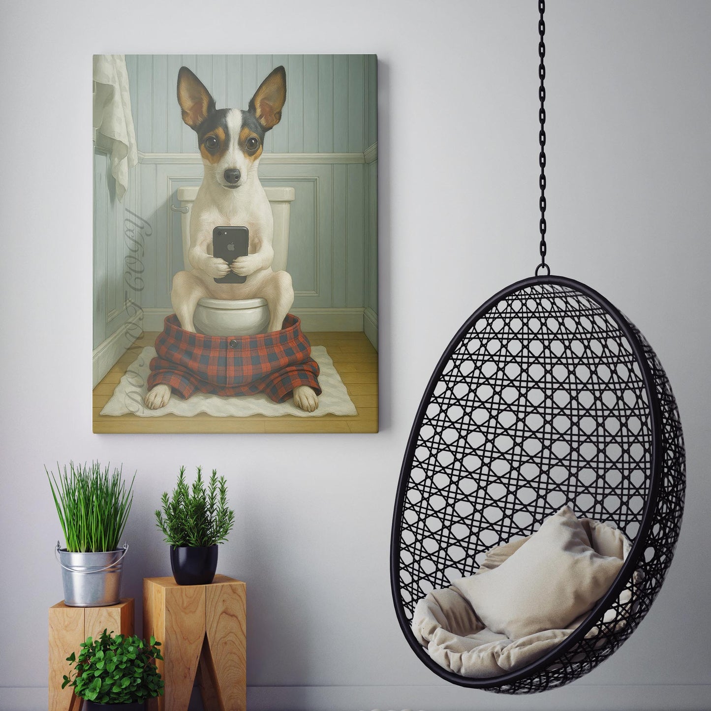 Toy Fox Terrier Dog On The Phone On The Toilet
