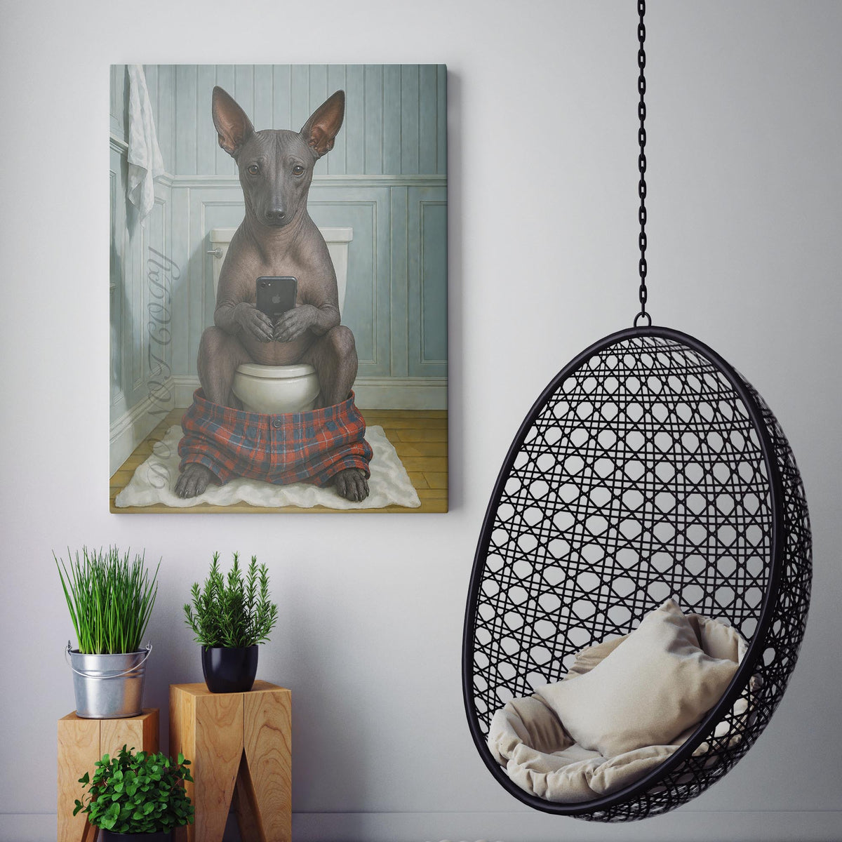 Xoloitzcuintli Dog On The Phone On The Toilet