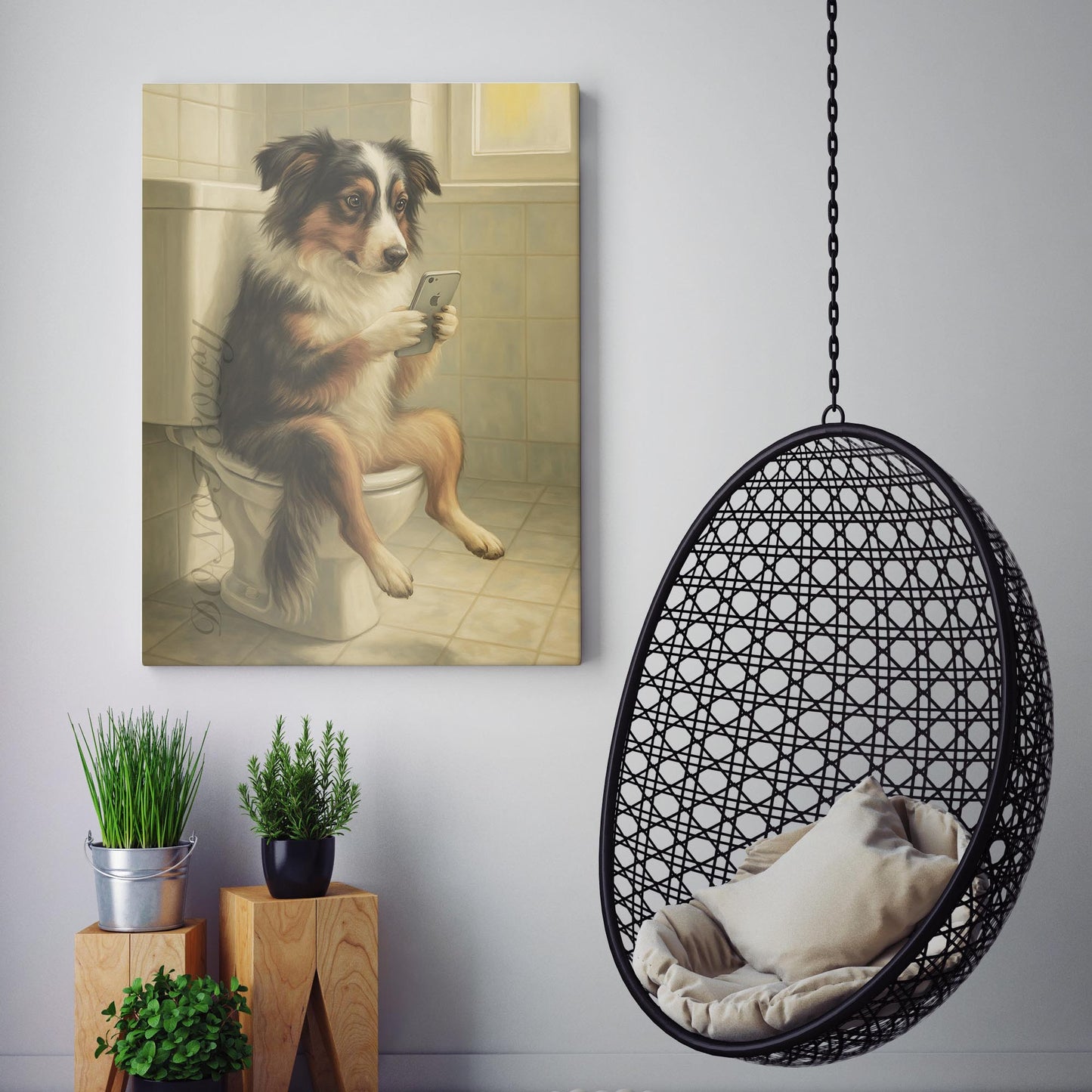 Australian Shepherd Dog On The Phone On The Toilet