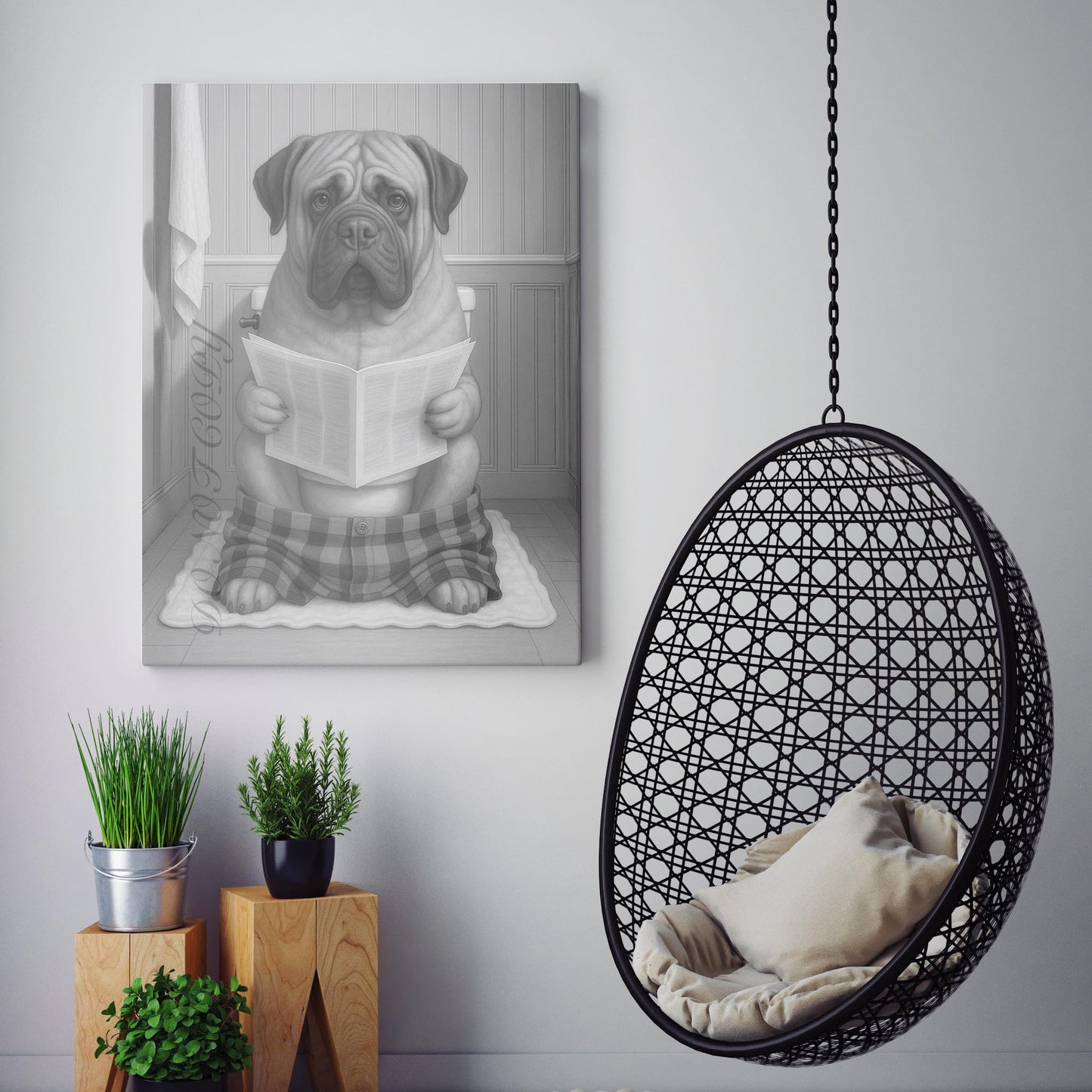Mastiff Dog Reading The Newspaper On The Toilet