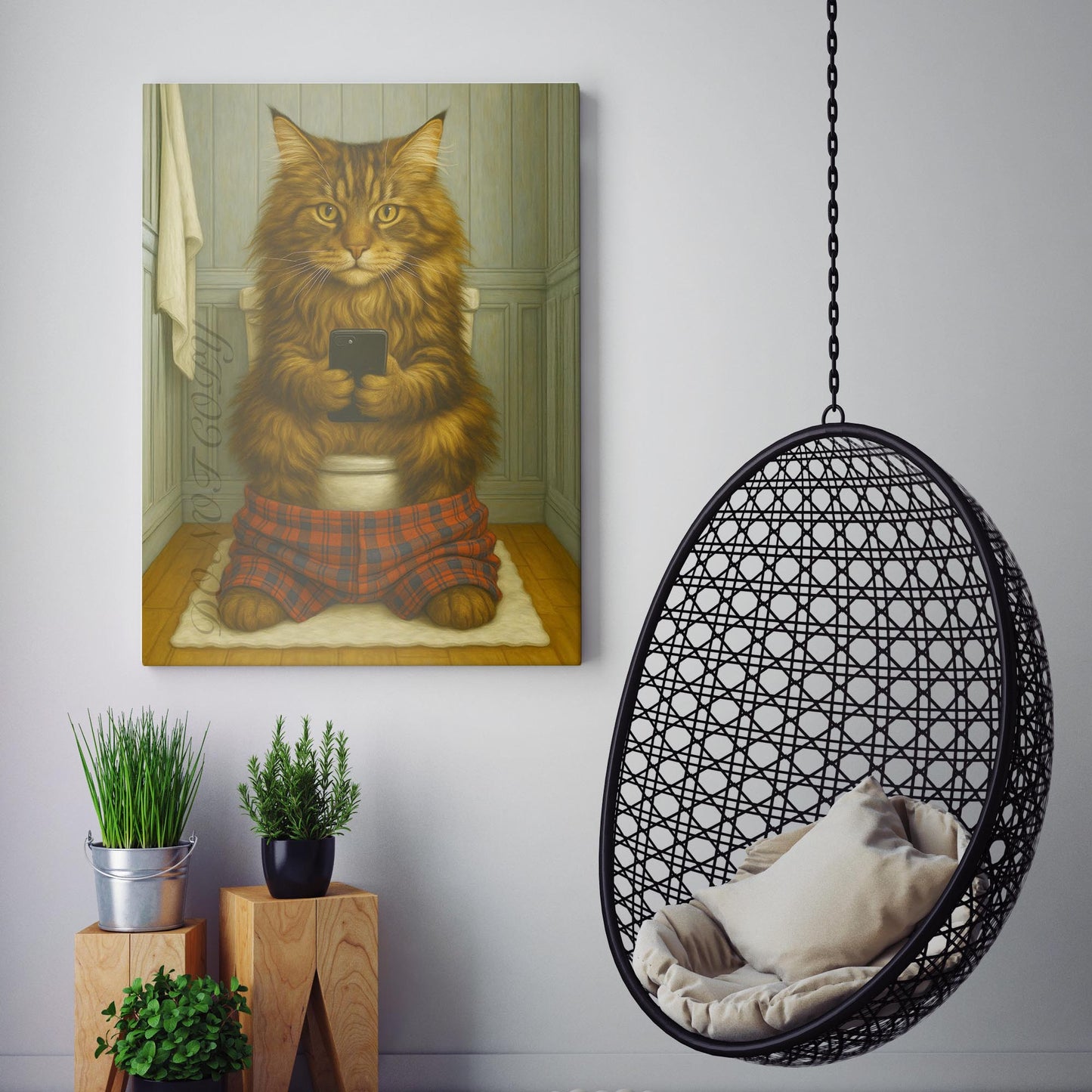 Maine Coon Cat On The Phone On The Toilet