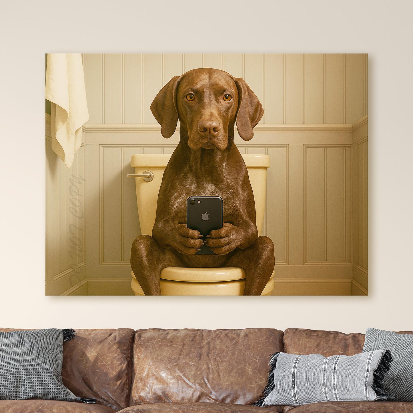 German Short Haired Pointer Dog On The Phone On The Toilet