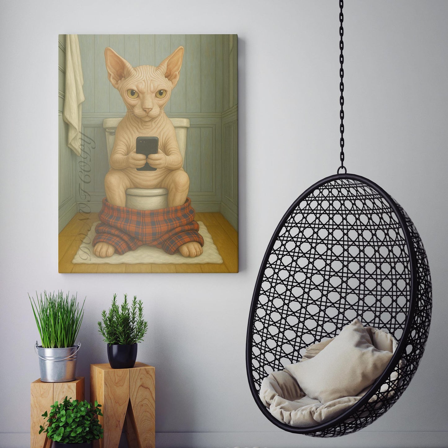 Sphynx Cat On The Phone On The Toilet