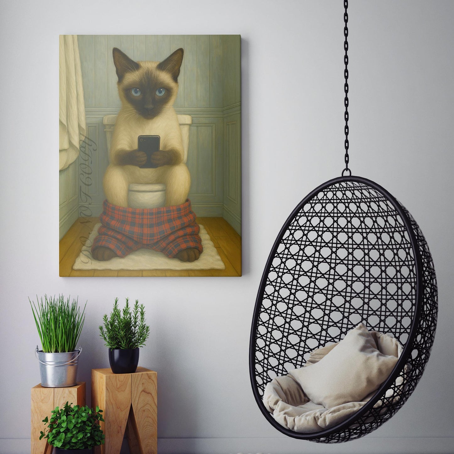 Siamese Cat On The Phone On The Toilet