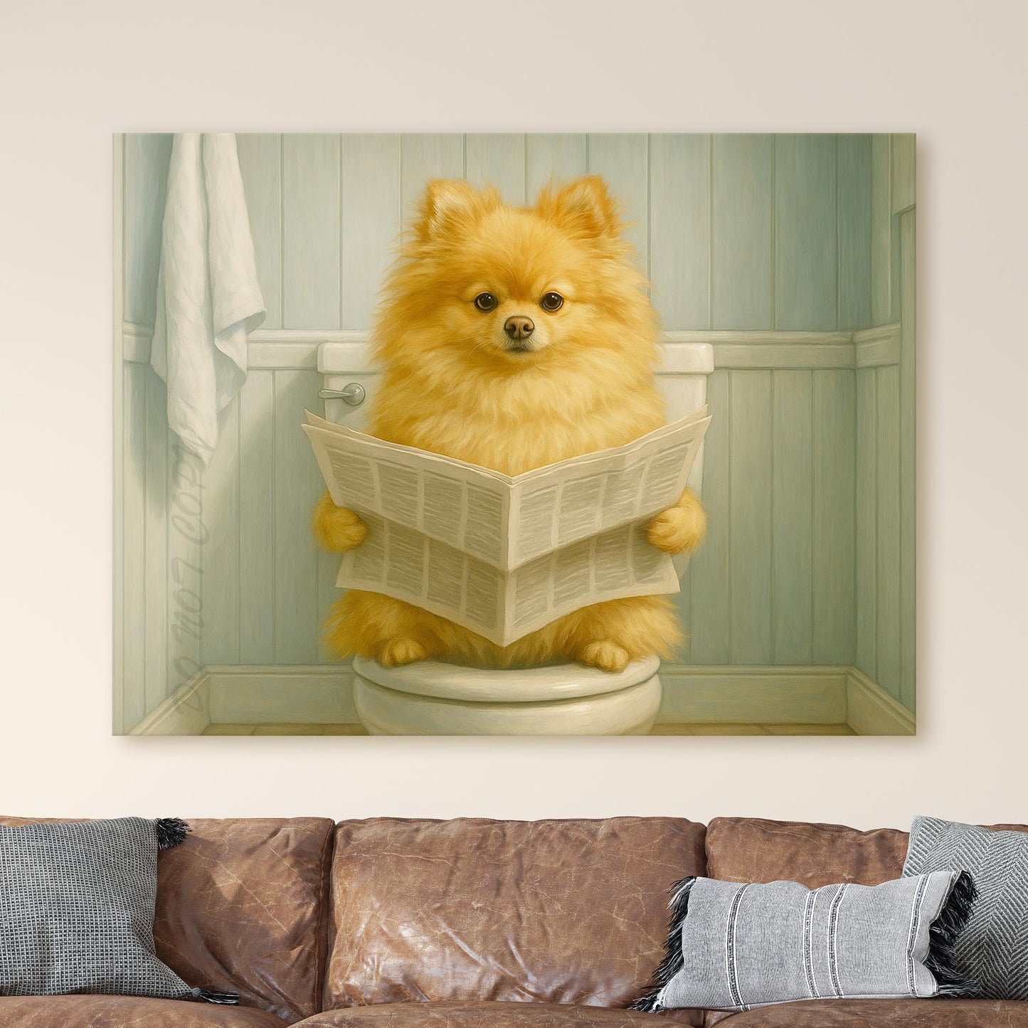 Pomeranian Dog Reading The Newspaper On The Toilet
