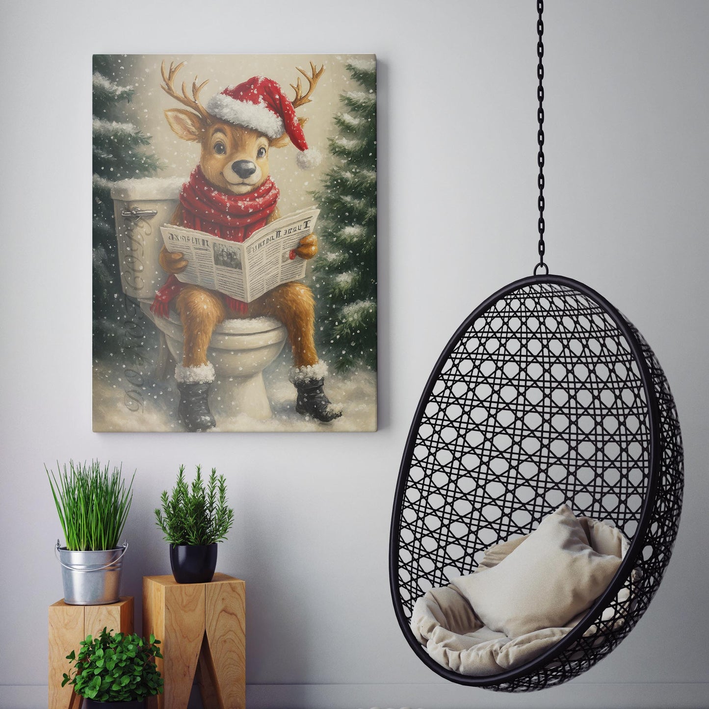 Christmas Reindeer Reading The Newspaper On The Toilet