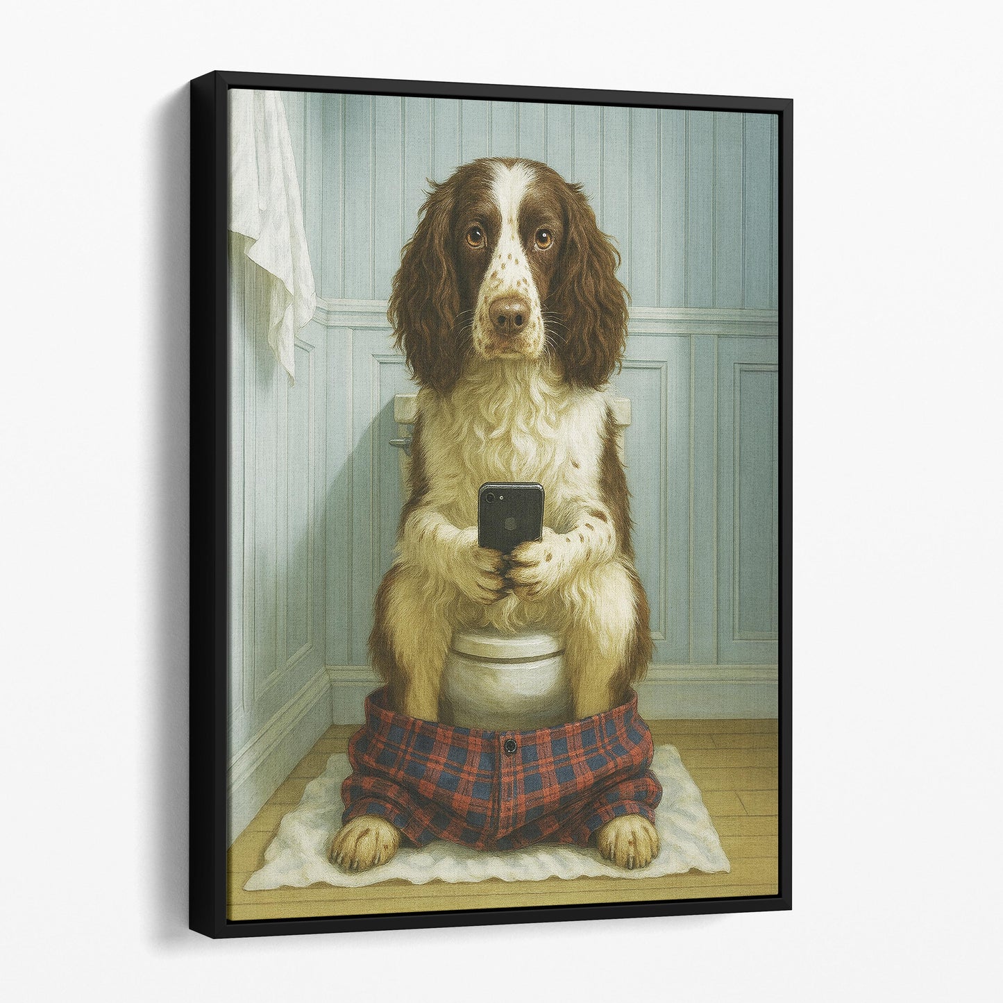 English Springer Spaniel Dog On The Phone On The Toilet