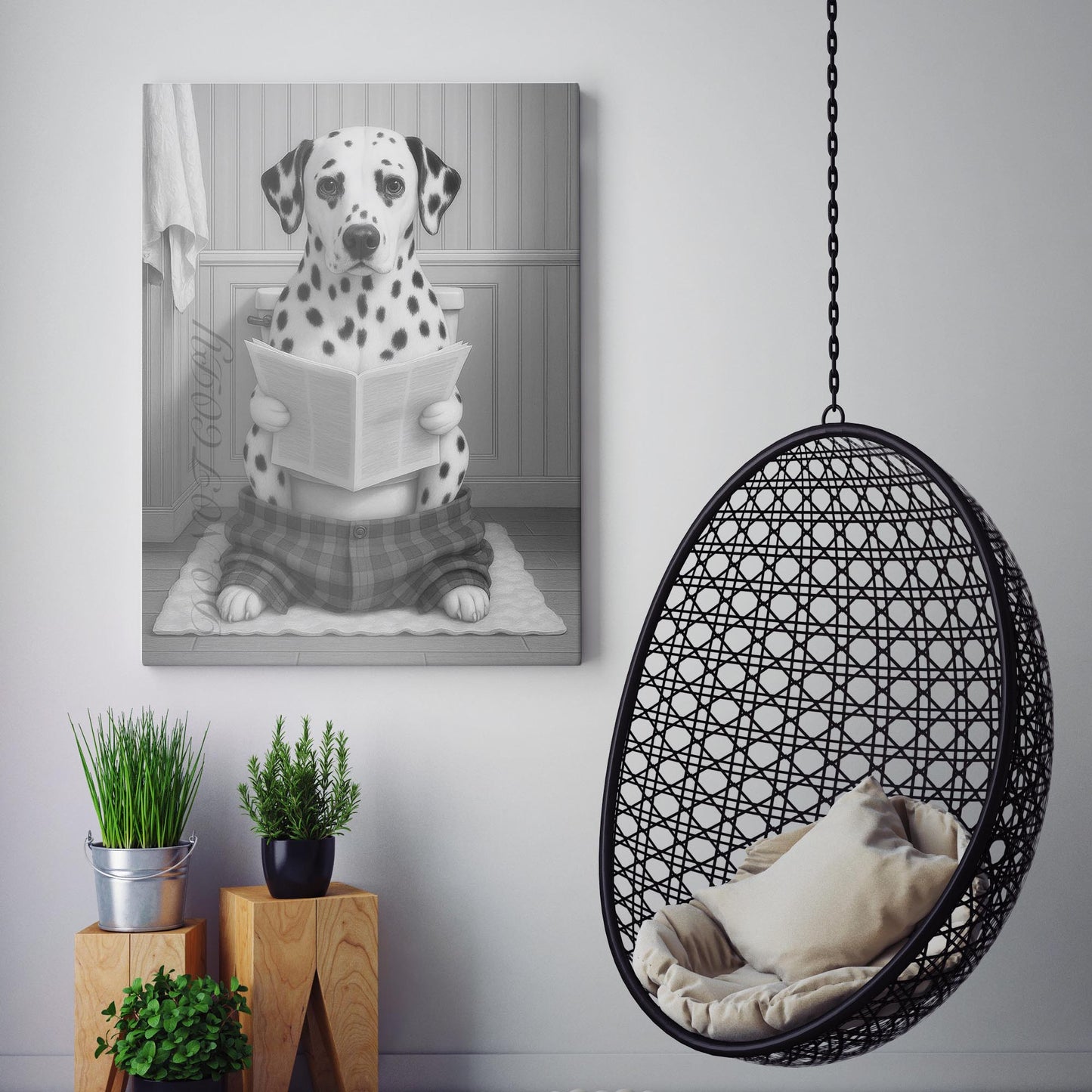 Dalmatian Dog Reading The Newspaper On The Toilet