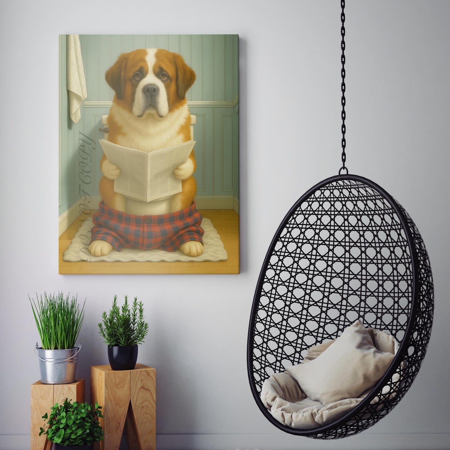 Saint Bernard Dog Reading The Newspaper On The Toilet