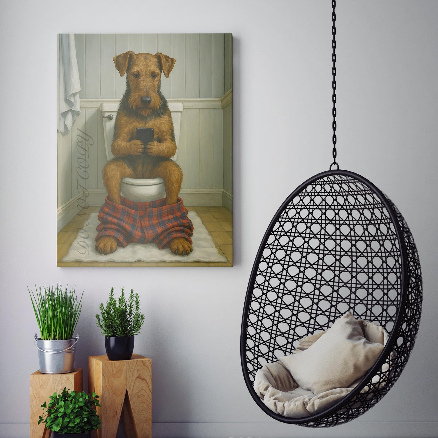 Airedale Terrier Dog On The Phone On The Toilet