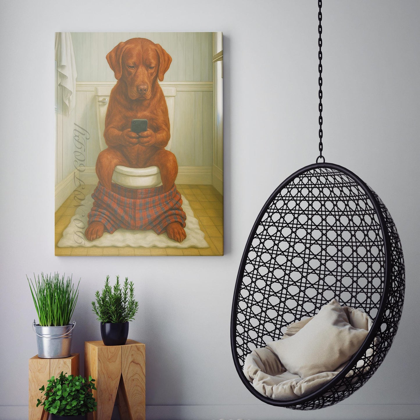 Red Labrador Retriever Dog On The Phone On The Toilet