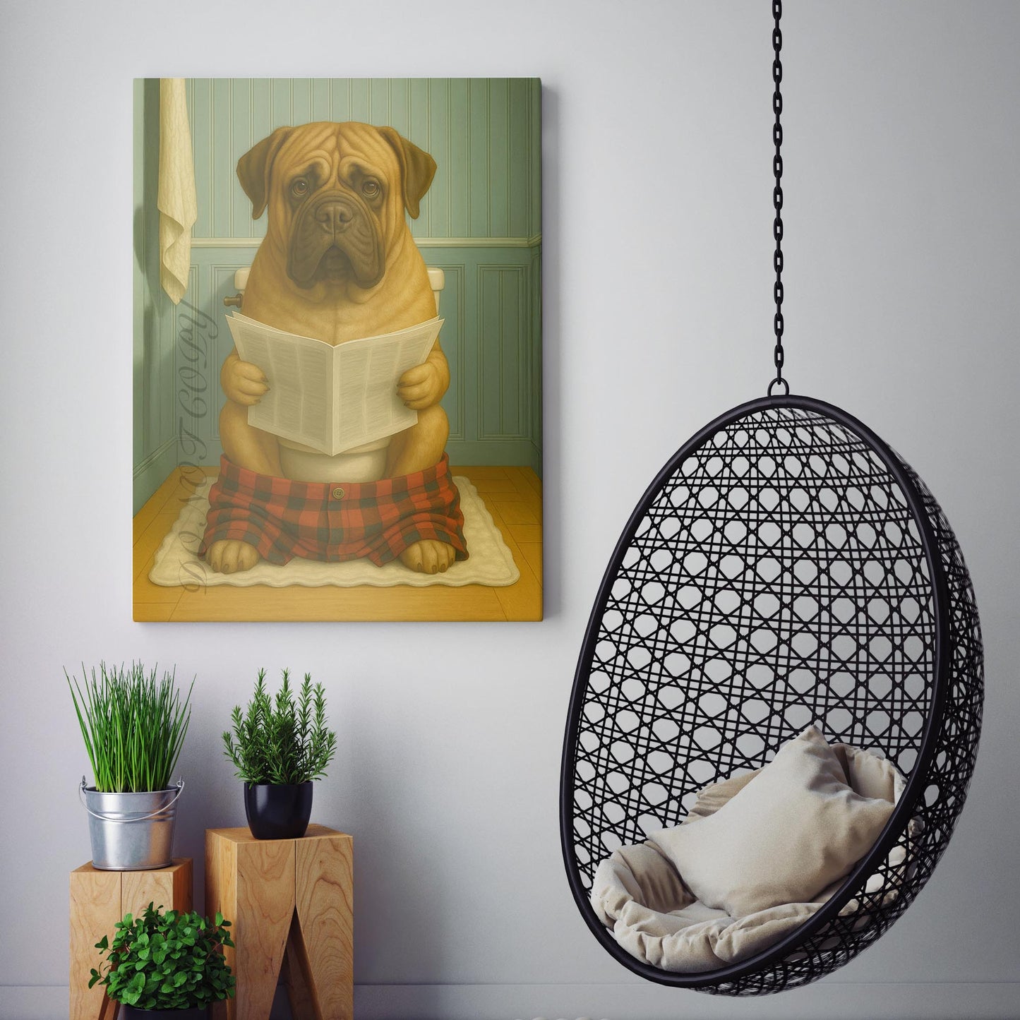 Mastiff Dog Reading The Newspaper On The Toilet