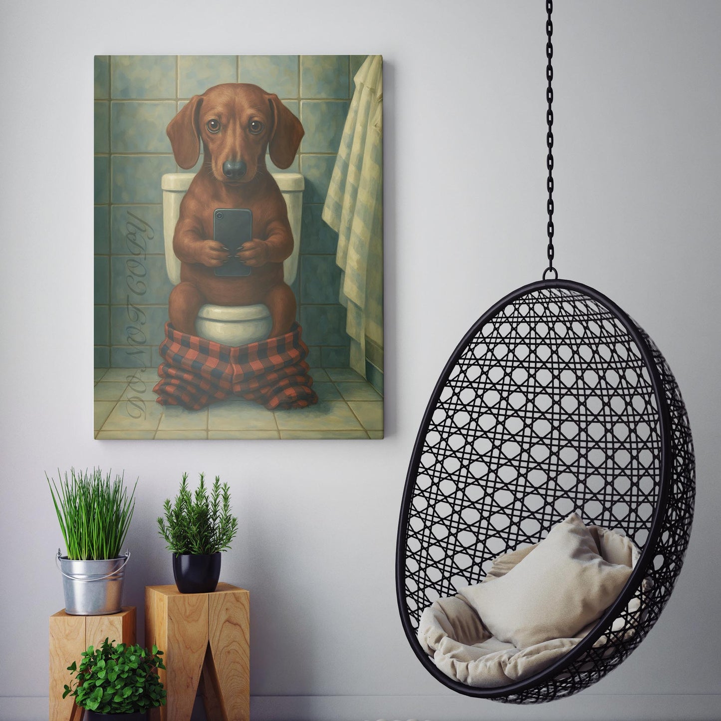 Dachshund Dog On The Phone On The Toilet