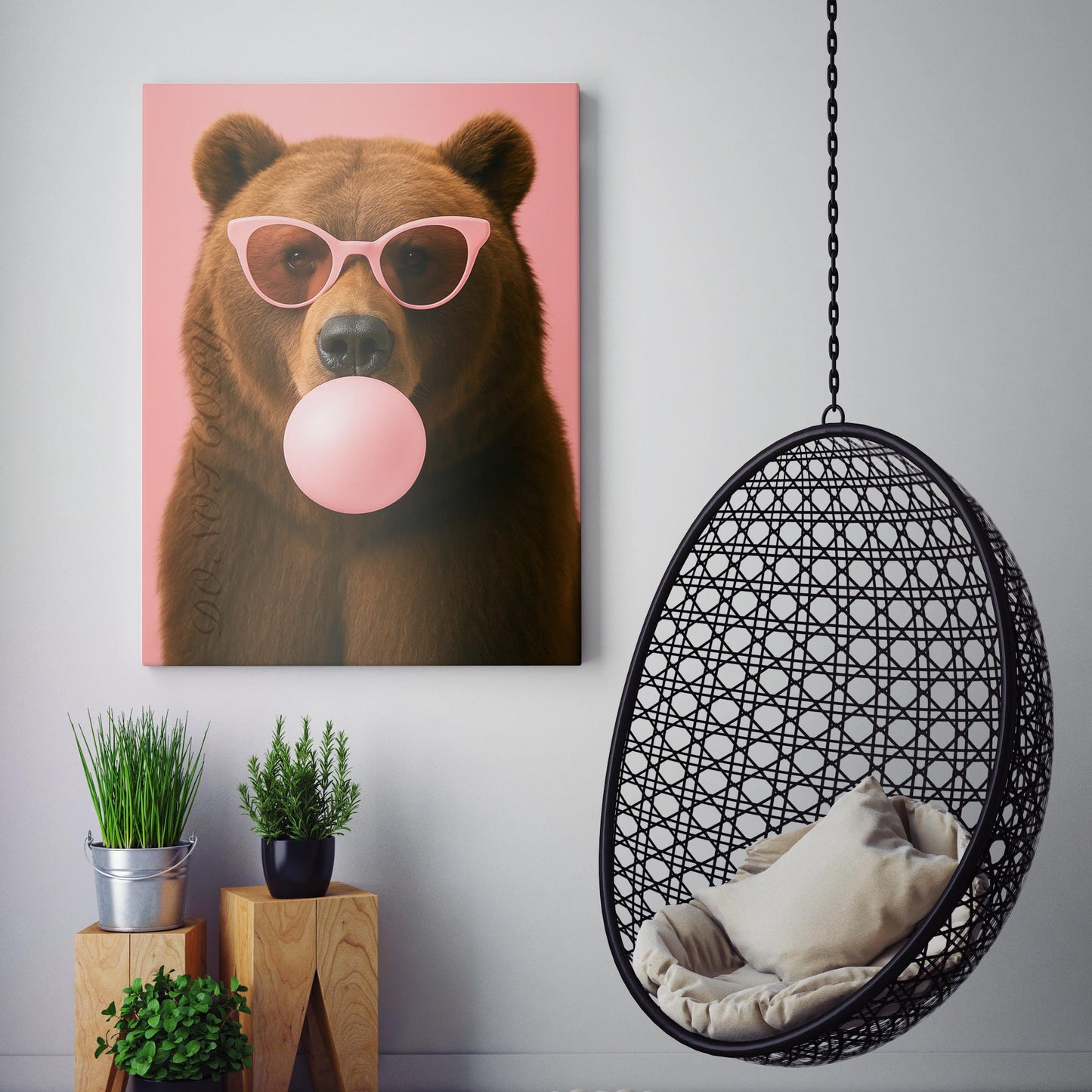 Brown Bear With Sunglasses Blowing Pink Bubble Gum