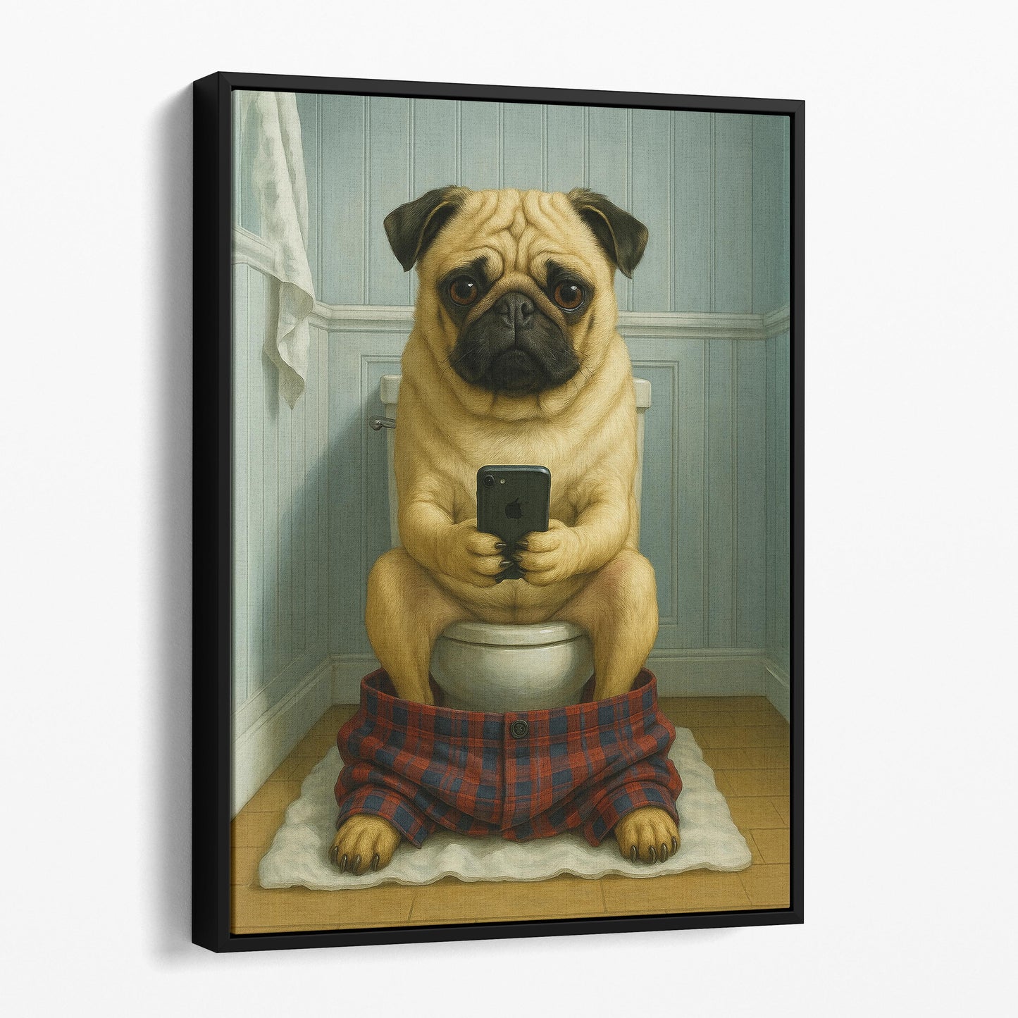 Pug Dog On The Phone On The Toilet