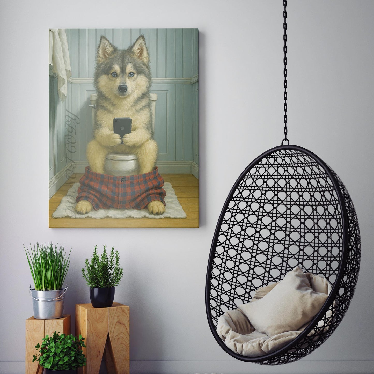 Pomsky Dog On The Phone On The Toilet