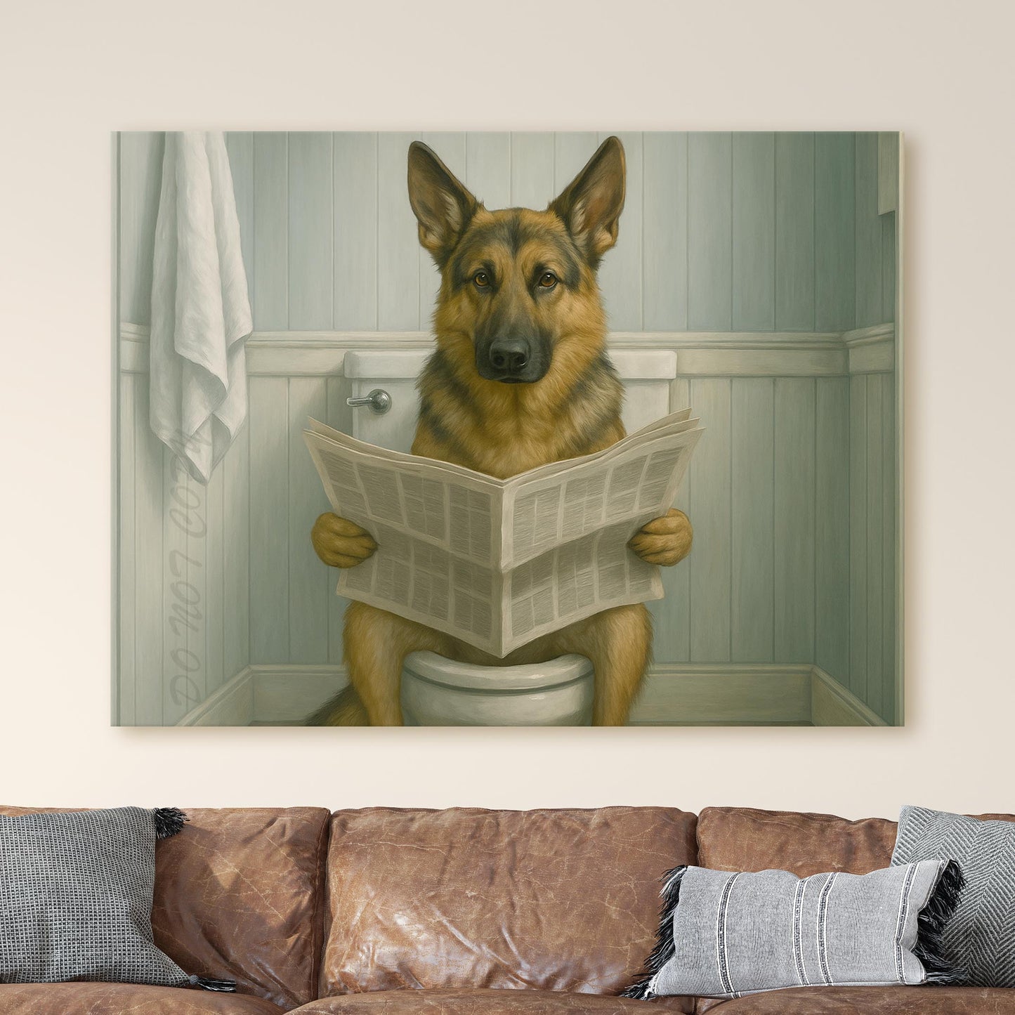 German Shepherd Reading The Newspaper On The Toilet