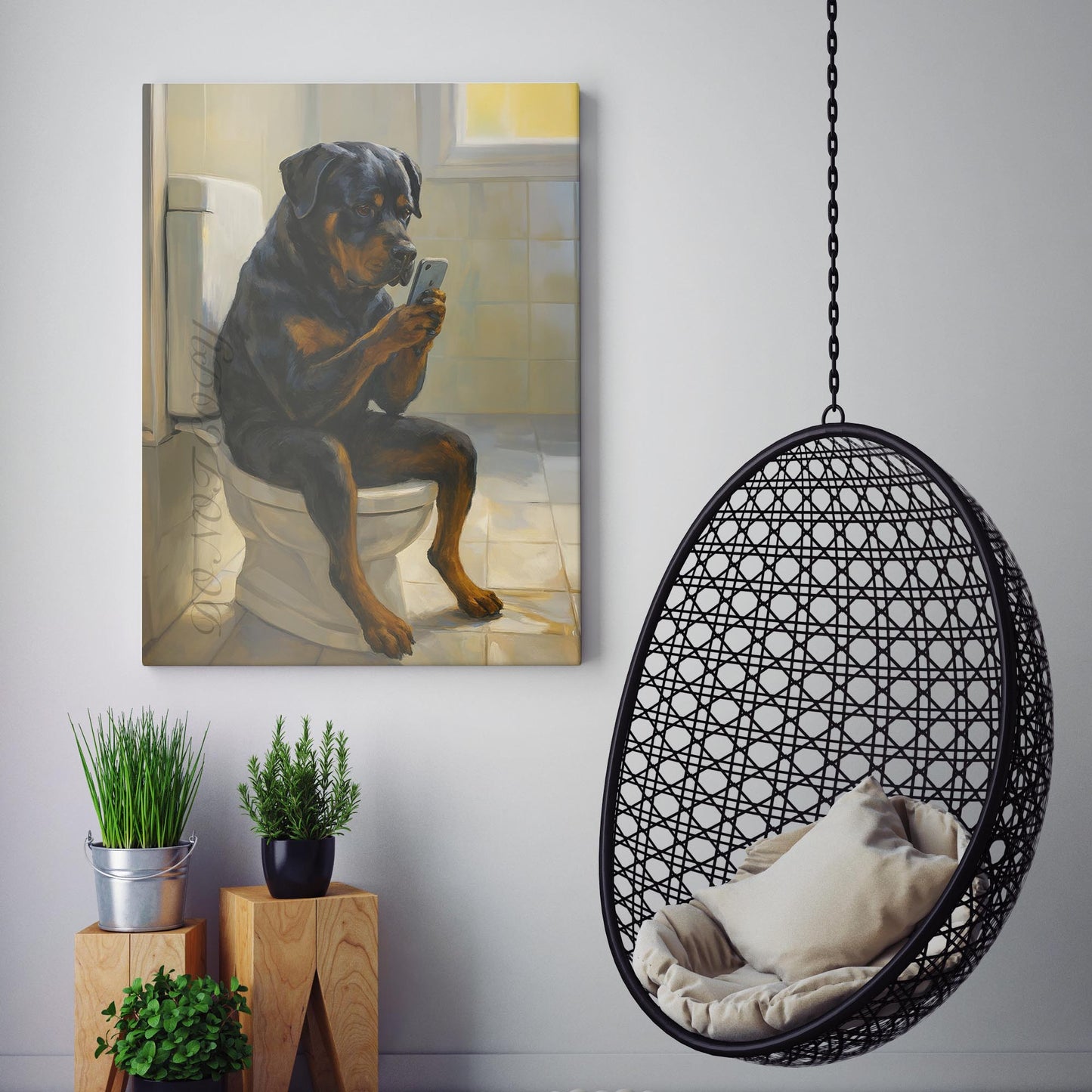 Rottweiler Dog On The Phone On The Toilet