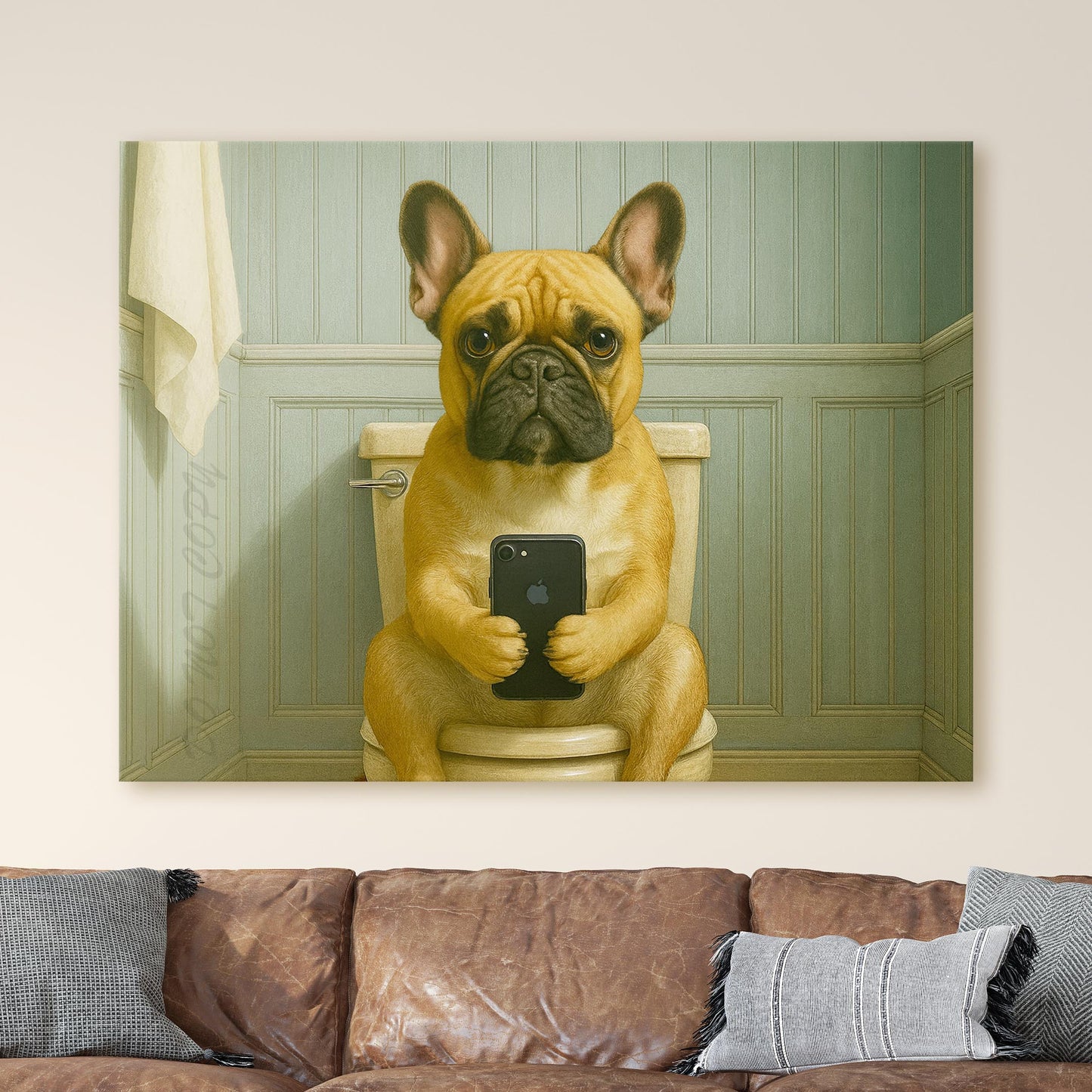 French Bulldog On The Phone On The Toilet