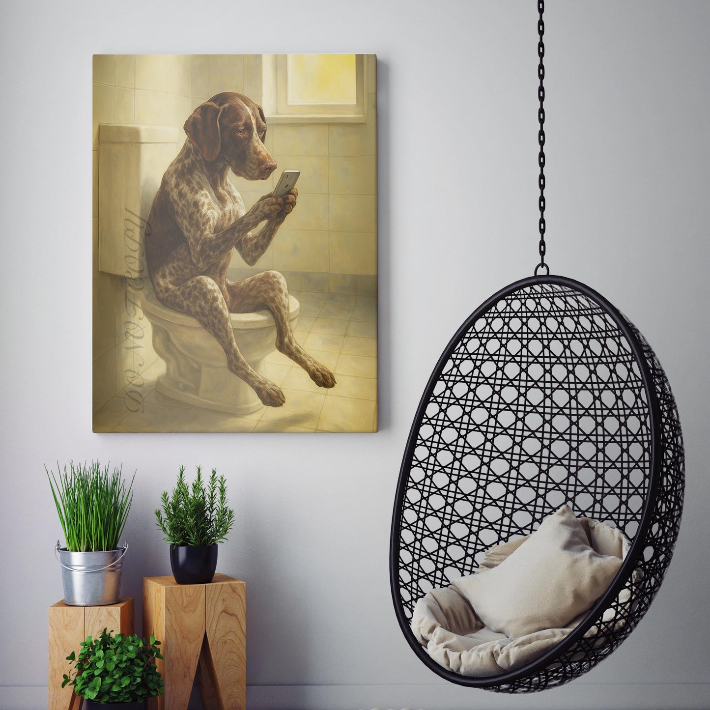 German Shorthaired Pointer Dog On The Phone On The Toilet