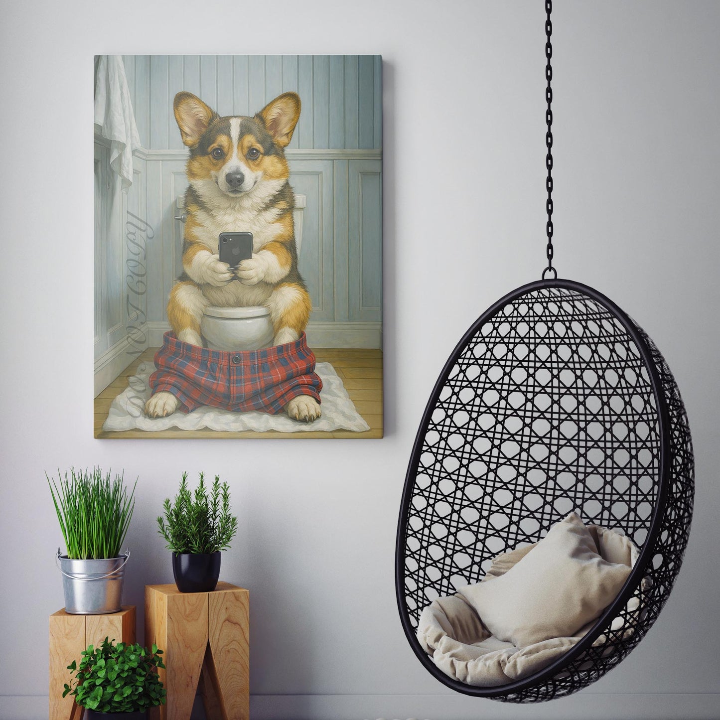 Cardigan Welsh Corgi Dog On The Phone On The Toilet