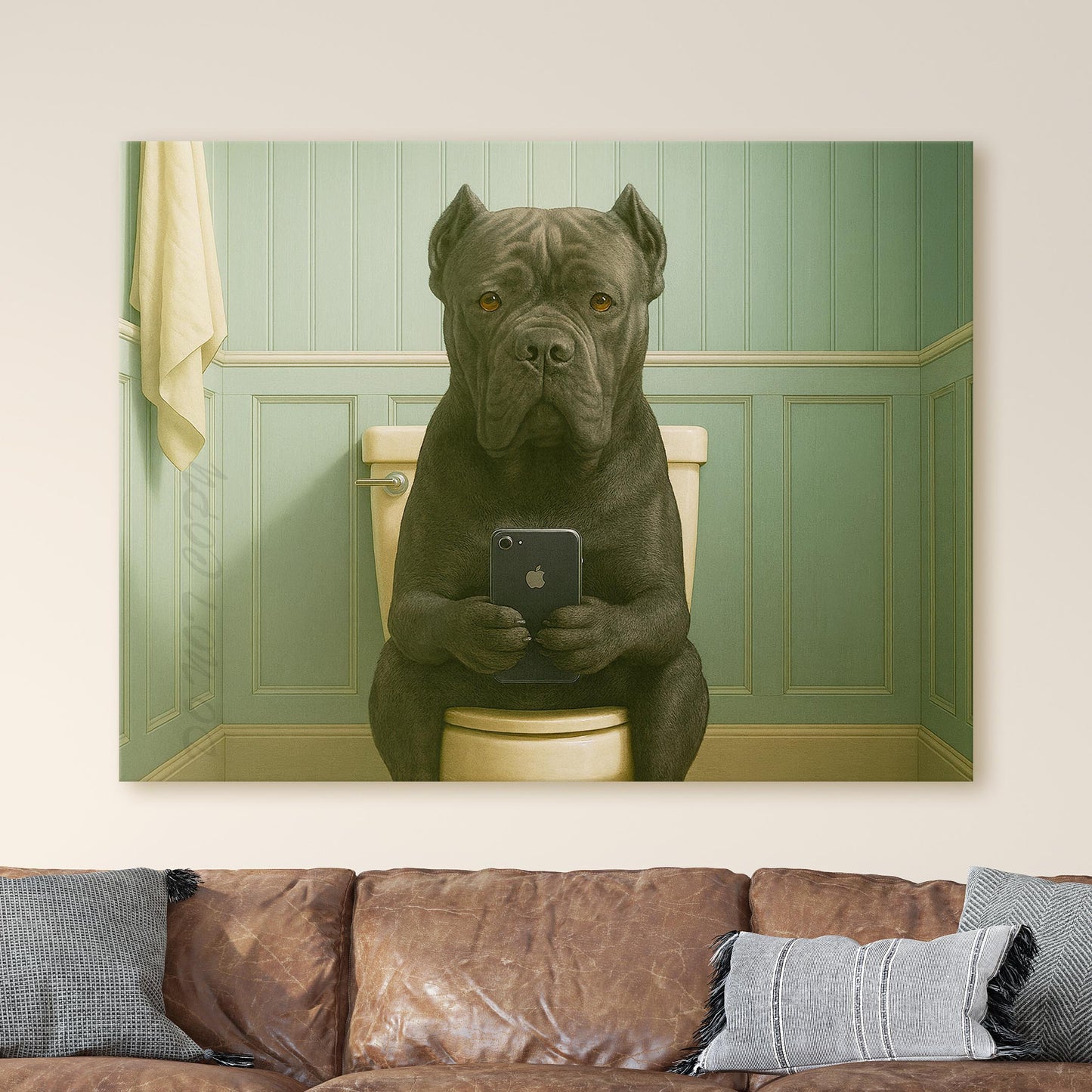 Cane Corso Dog On The Phone On The Toilet