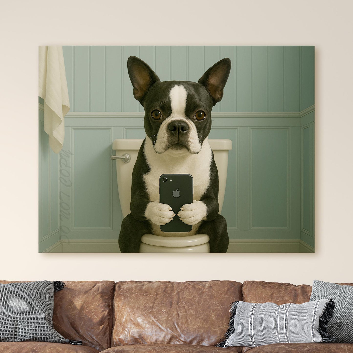 Boston Terrier Dog On The Phone On The Toilet