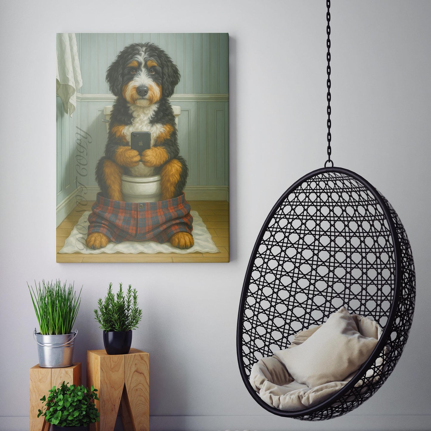 Bernedoodle Dog On The Phone On The Toilet