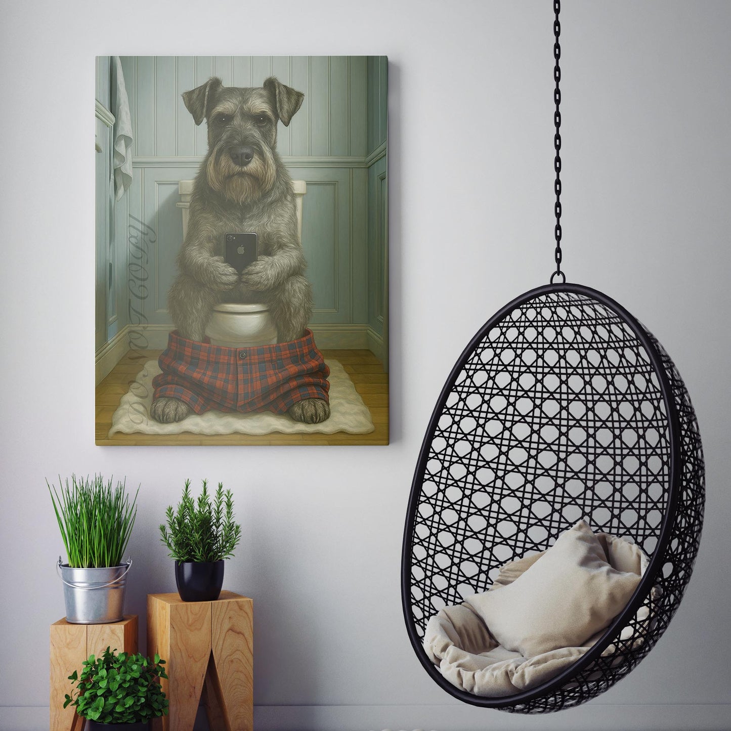 Standard Schnauzer Dog On The Phone On The Toilet