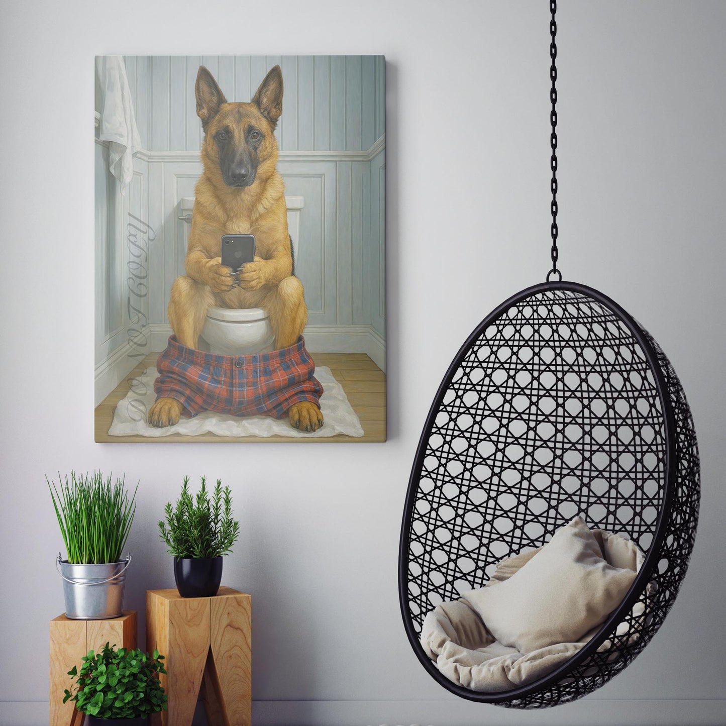 Belgian Malinois Dog On The Phone On The Toilet