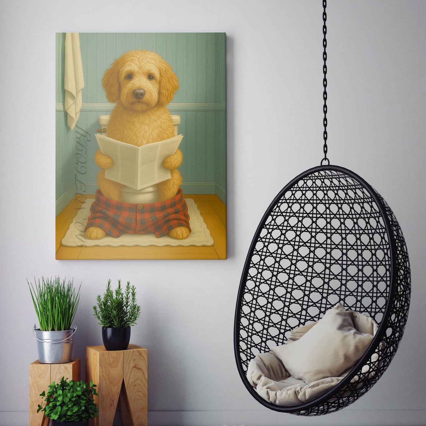 Labradoodle Dog Reading The Newspaper On The Toilet