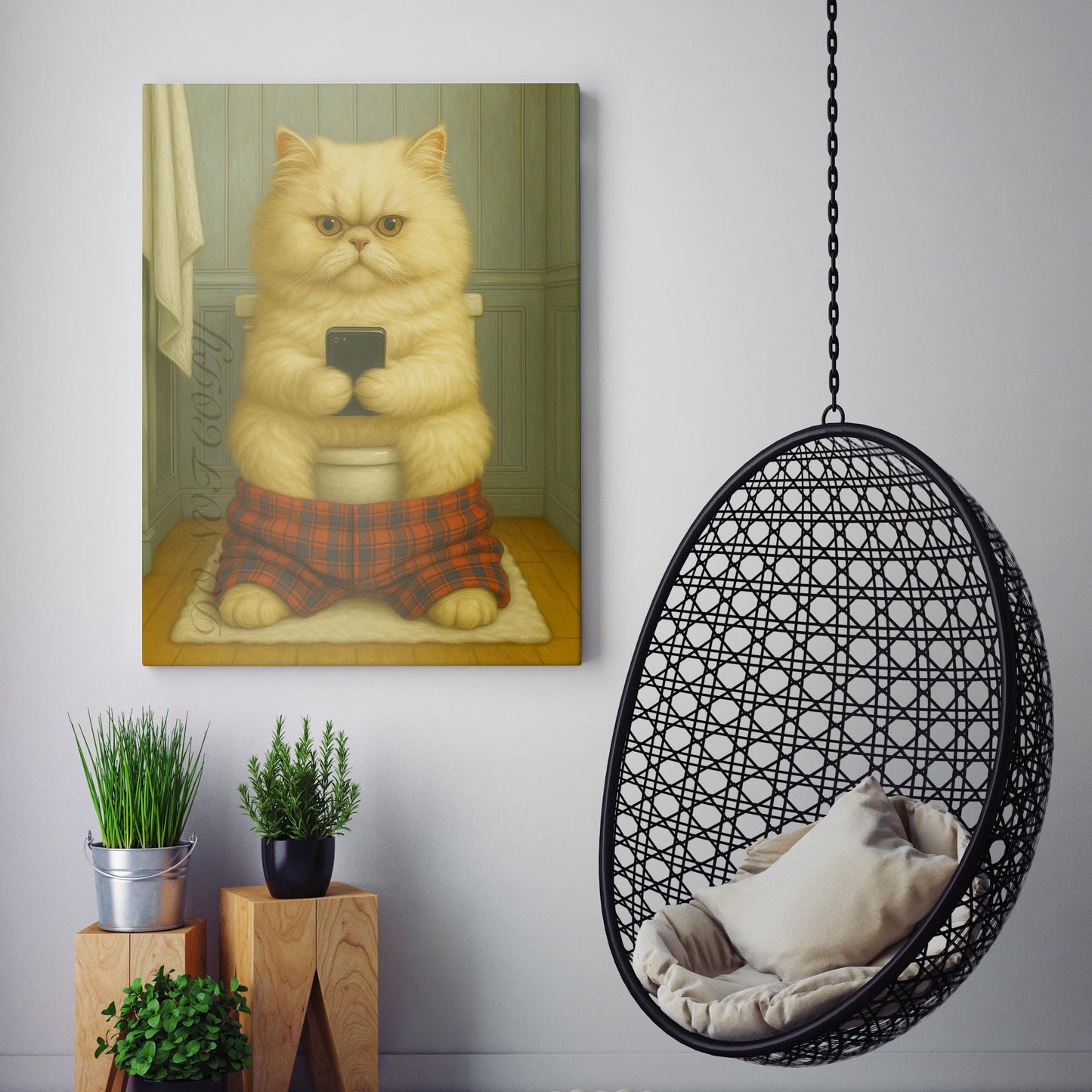 Persian Cat On The Phone On The Toilet