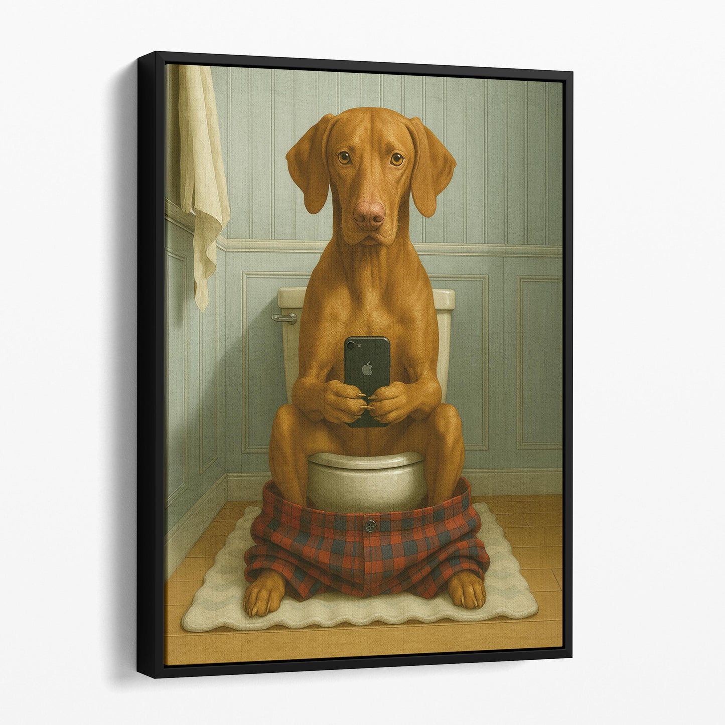Vizsla Dog On The Phone On The Toilet