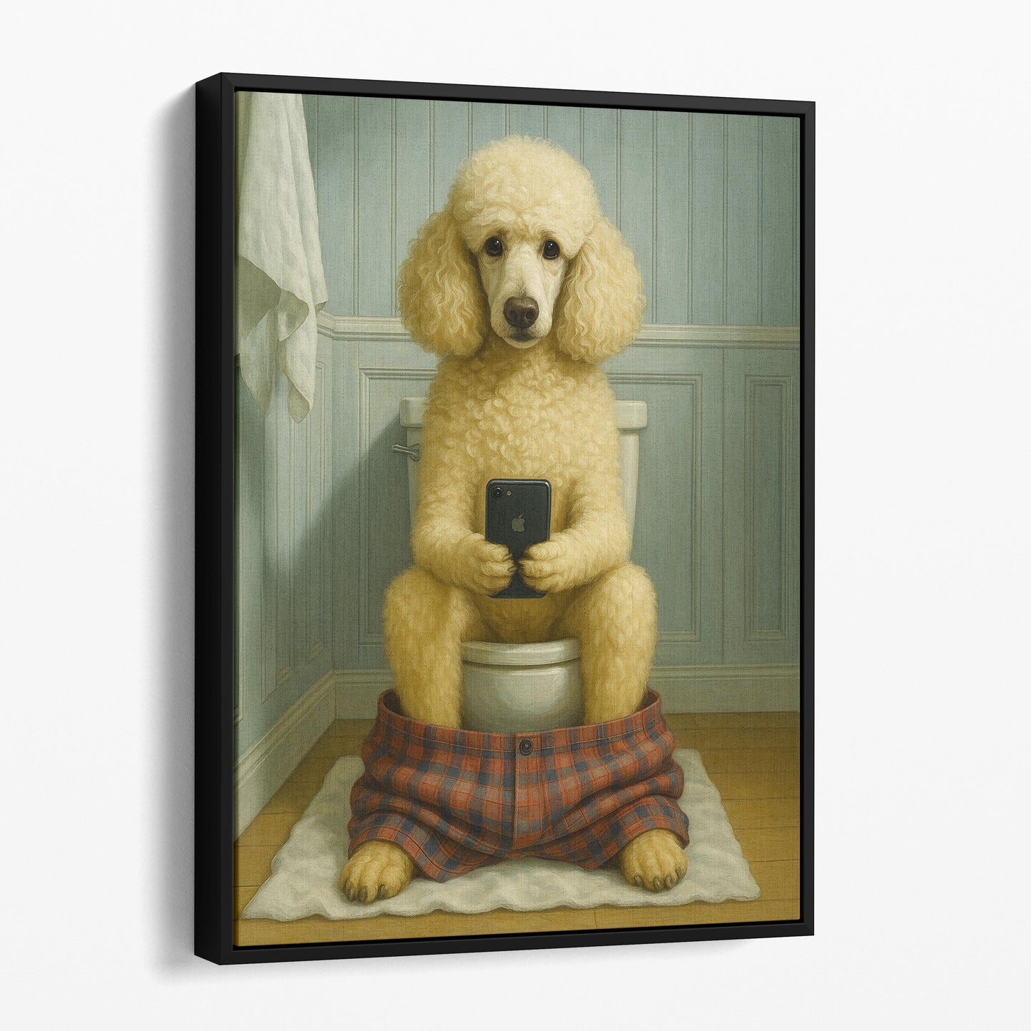Poodle Dog On The Phone On The Toilet