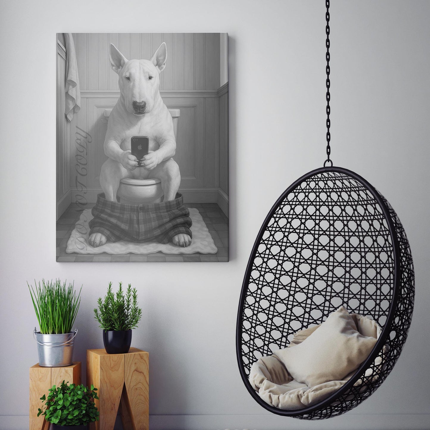 Bull Terrier Dog On The Phone On The Toilet