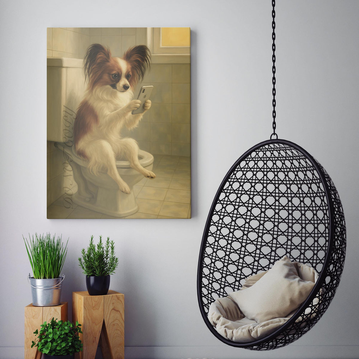 Papillon Dog On The Phone On The Toilet