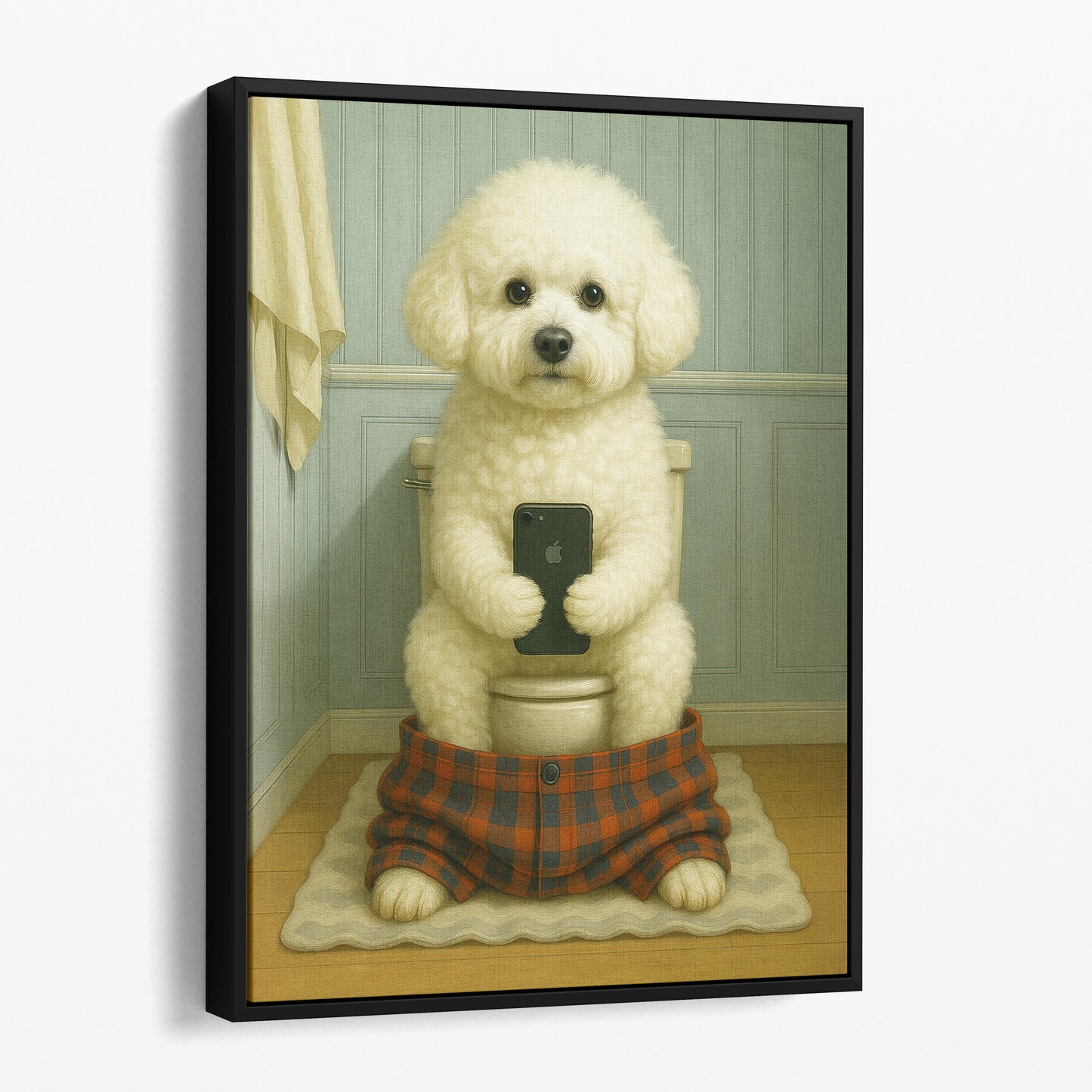 Bichon Frise Dog On The Phone On The Toilet