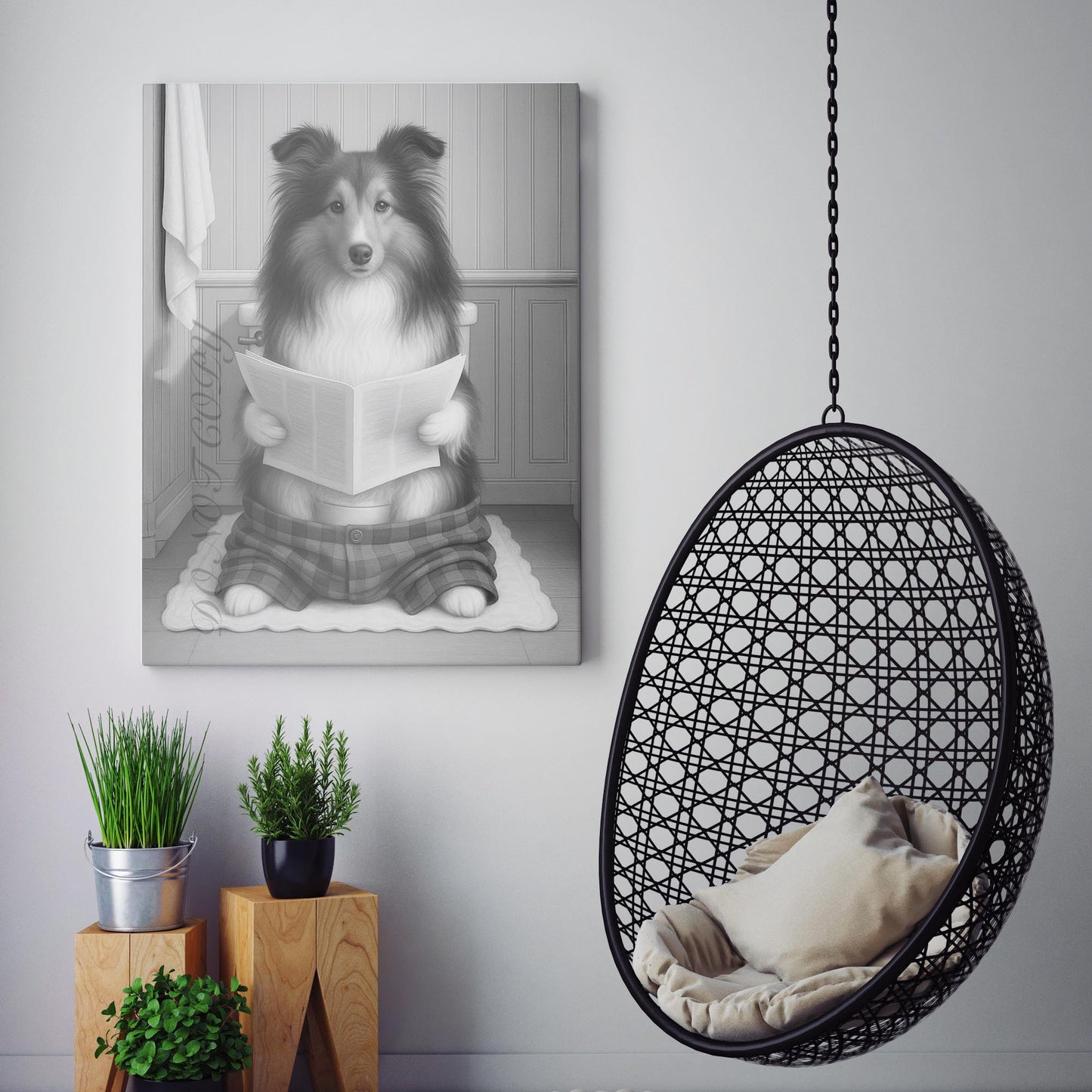 Shetland Sheepdog Reading The Newspaper On The Toilet