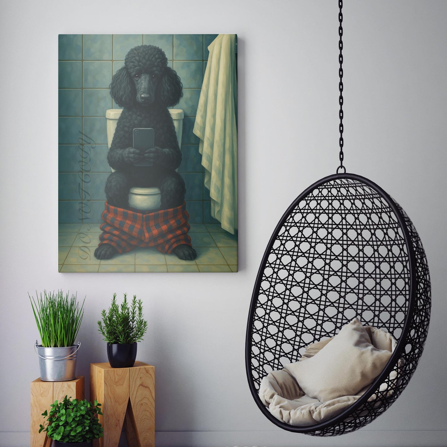 Black Poodle Dog On The Phone On The Toilet