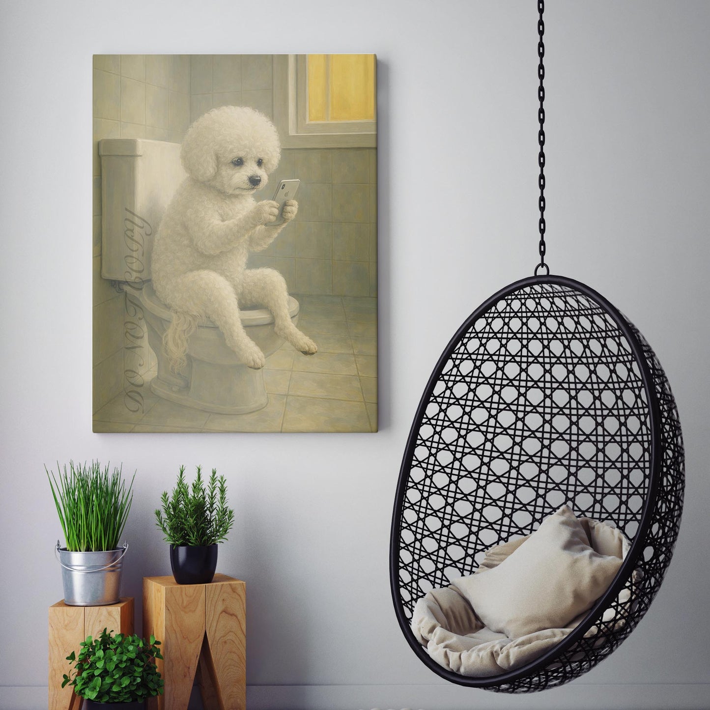 Bichon Frise Dog On The Phone On The Toilet