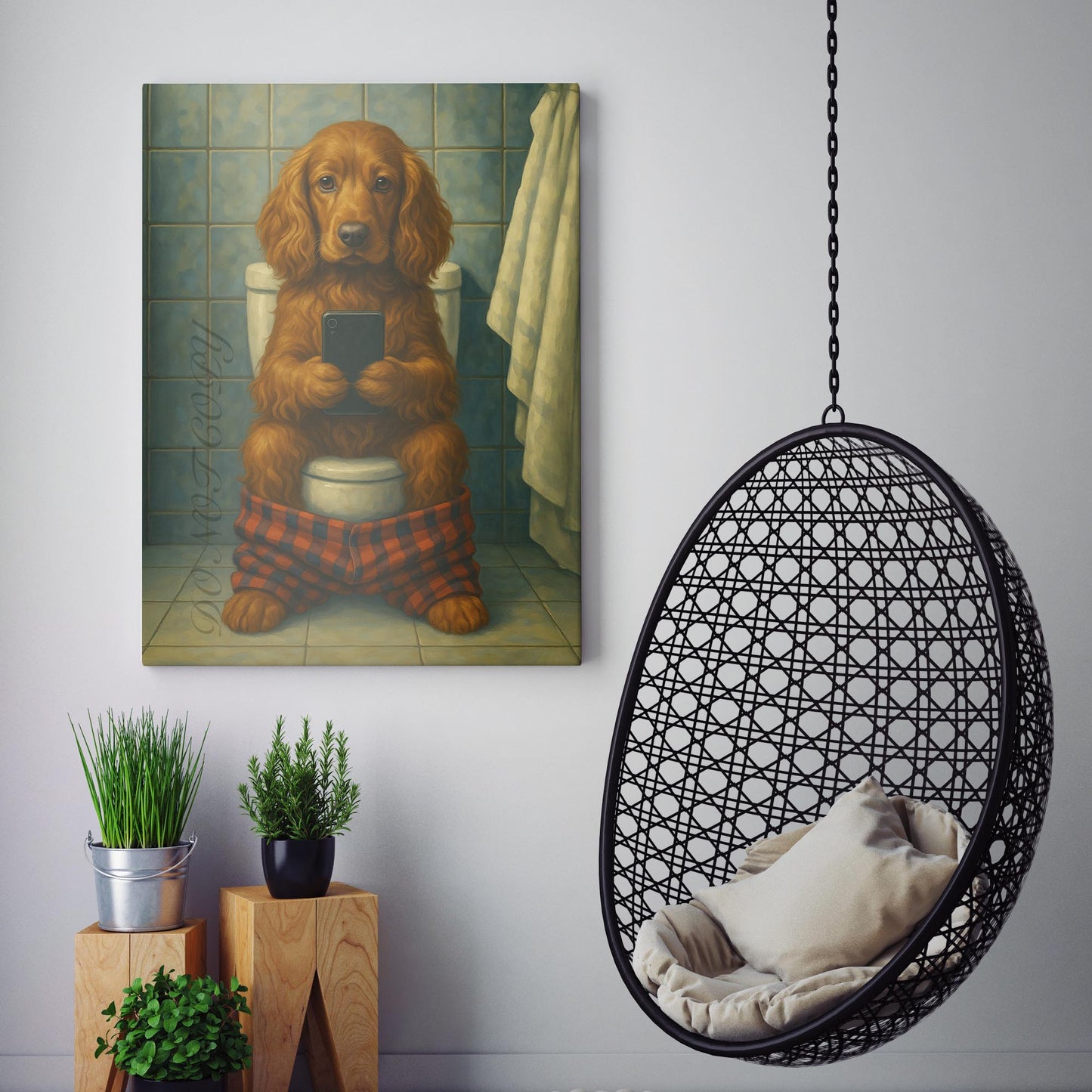 Cocker Spaniel Dog On The Phone On The Toilet