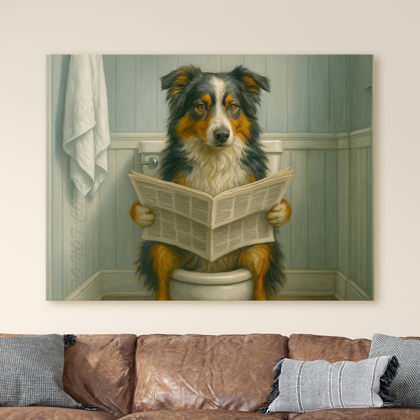 Australian Shepherd Dog On The Toilet Reading The Newspaper