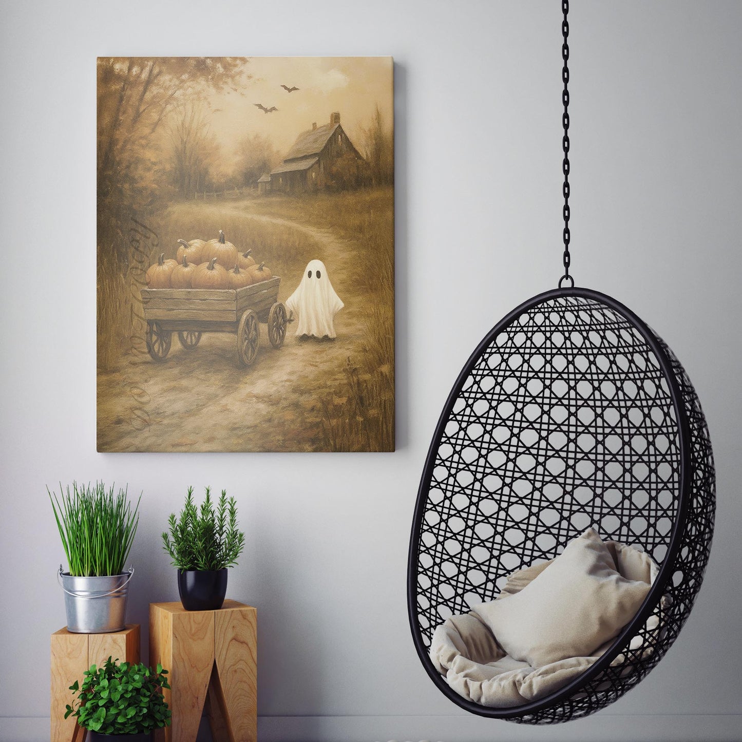 Ghost With Pumpkins In Fall Field