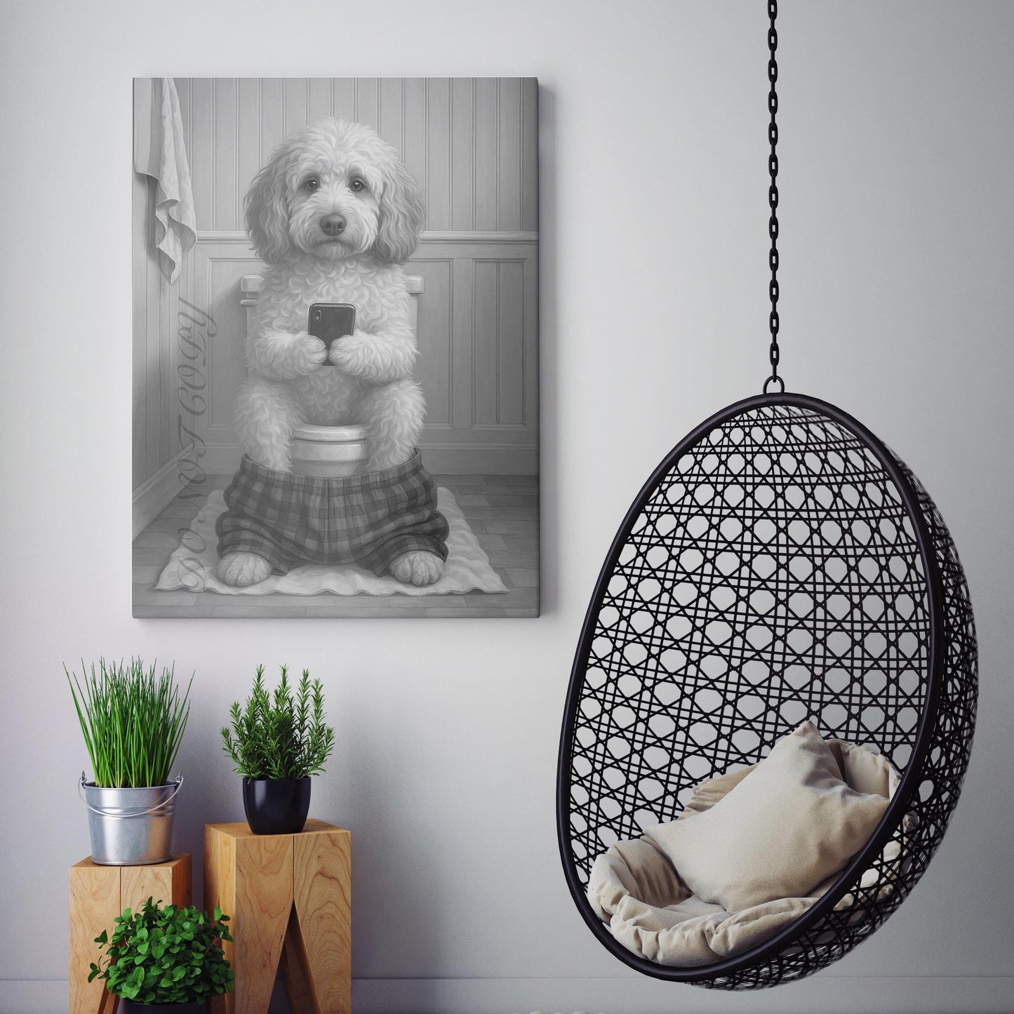 Labradoodle Dog On The Phone On The Toilet
