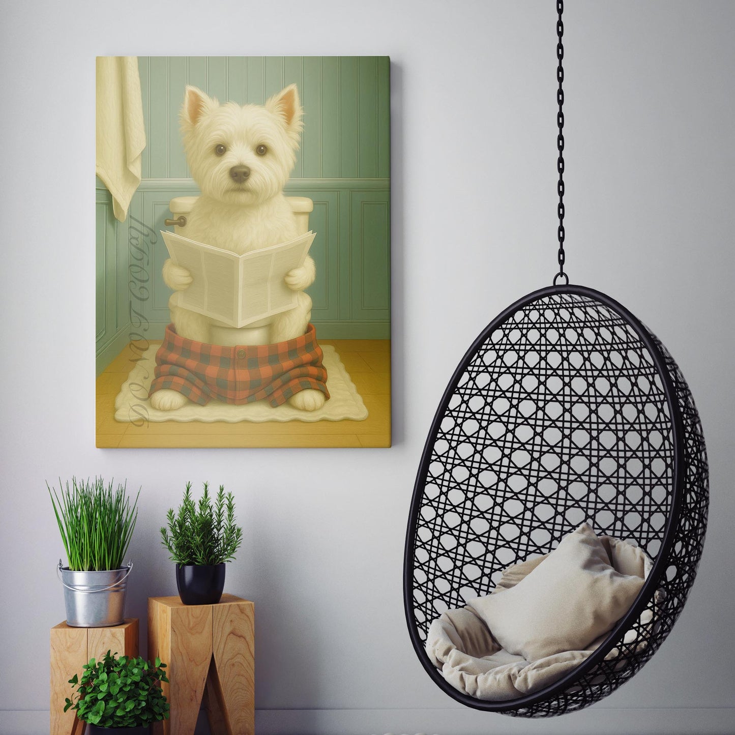 West Highland White Terrier Dog Reading The Newspaper On The Toilet