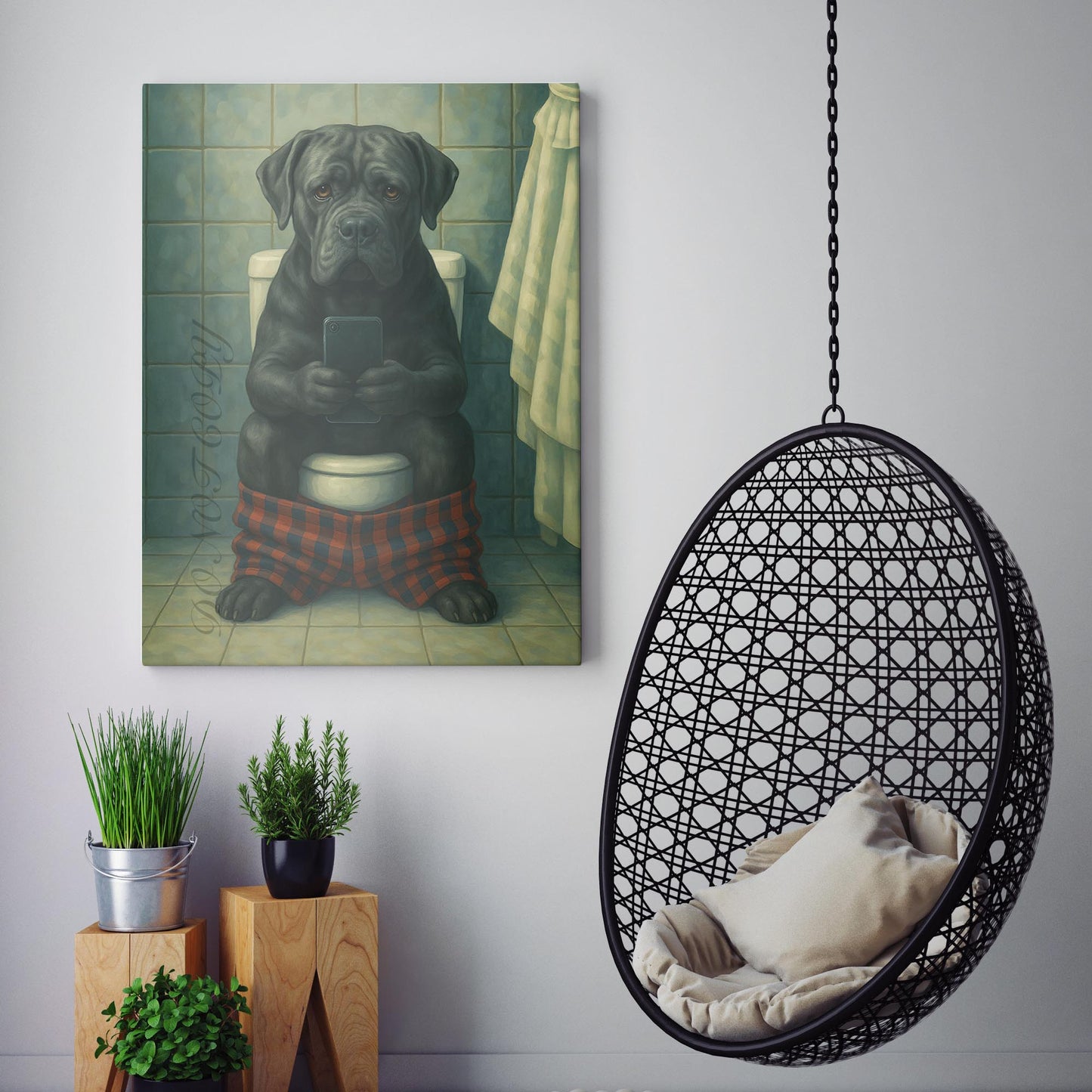 Cane Corso Dog On The Phone On The Toilet